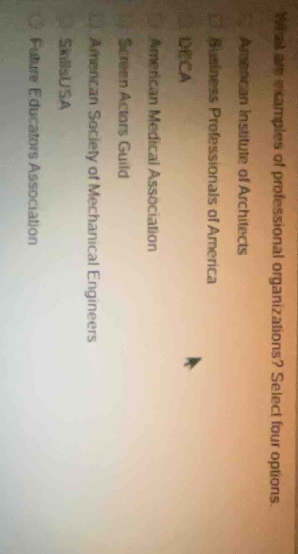 what are examples of professional organizations? select four options. a…