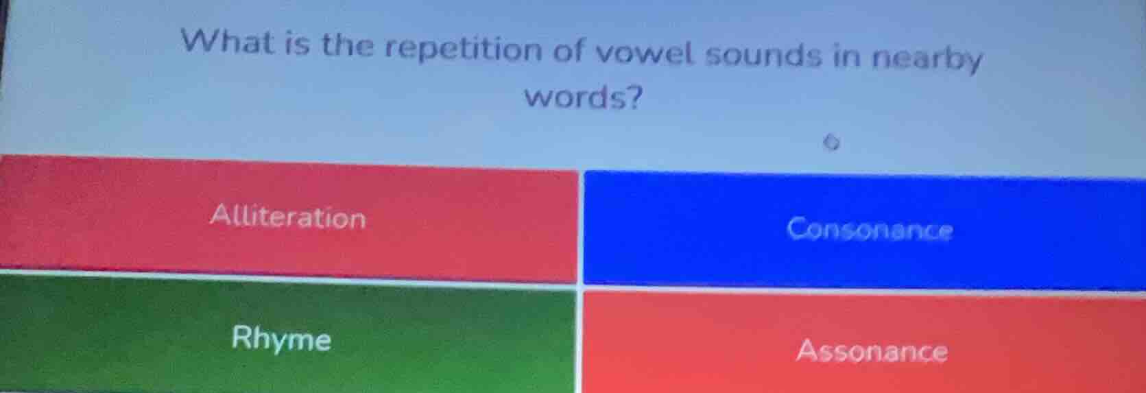 what is the repetition of vowel sounds in nearby words? alliteration co…