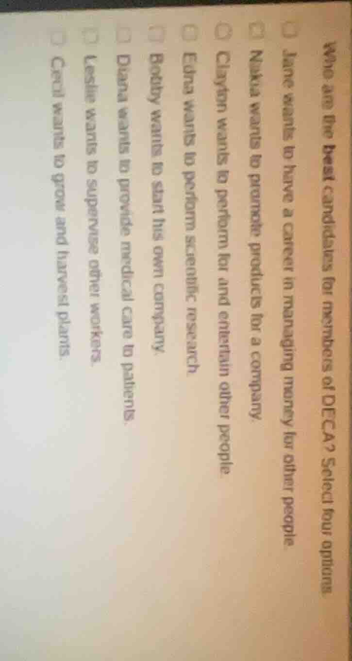 who are the best candidates for members of deca? select four options. j…