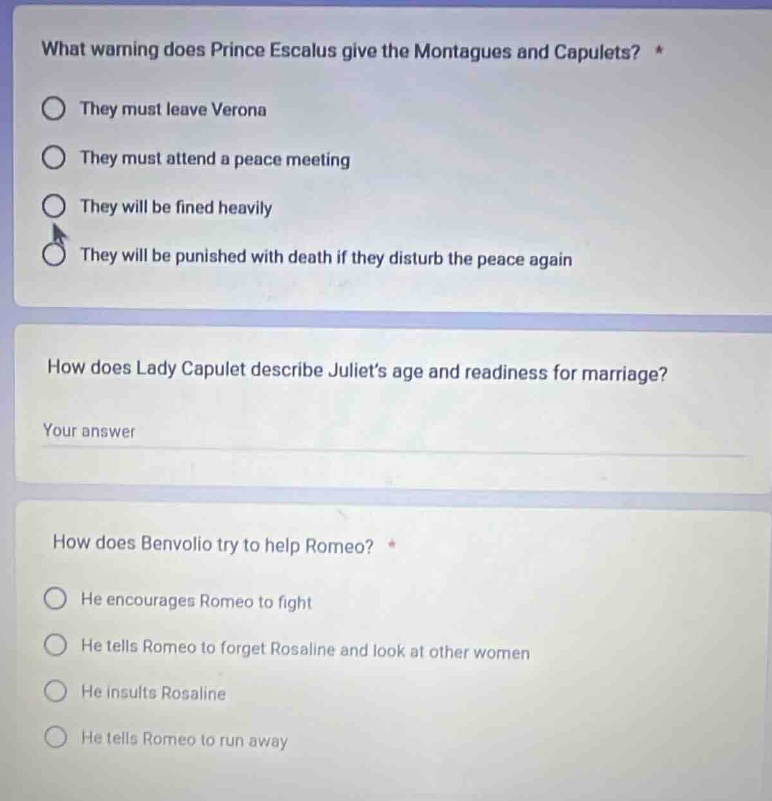 what warning does prince escalus give the montagues and capulets? * the…