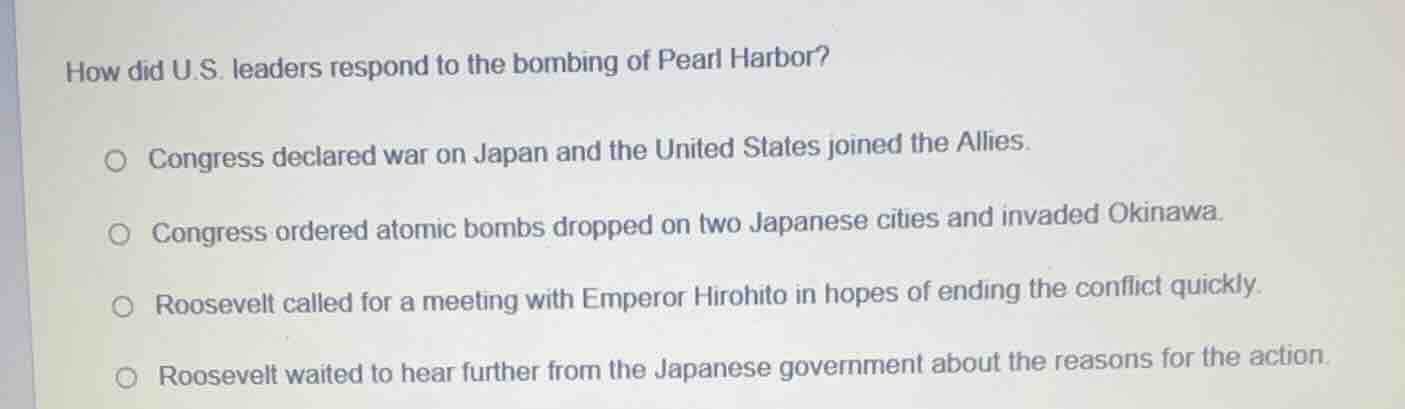 how did u.s. leaders respond to the bombing of pearl harbor? congress d…