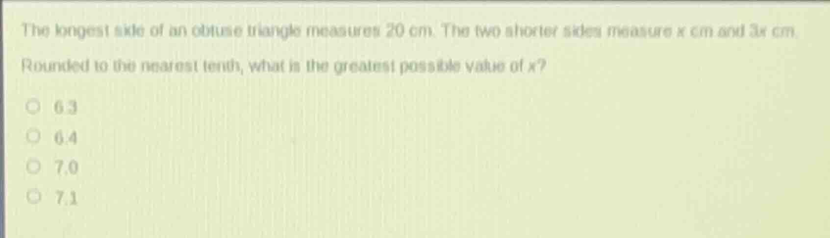the longest side of an obtuse triangle measures 20 cm. the two shorter …