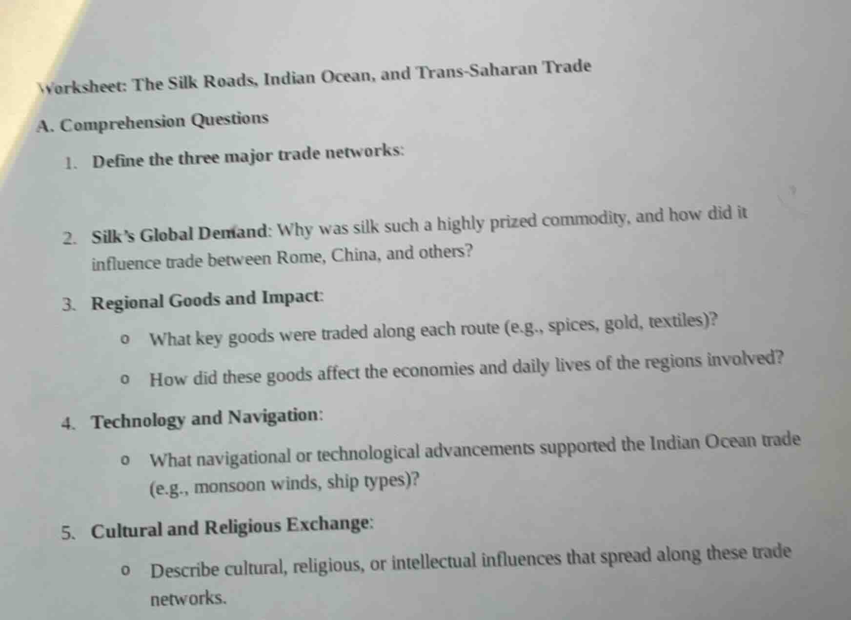 worksheet: the silk roads, indian ocean, and trans - saharan trade a. c…