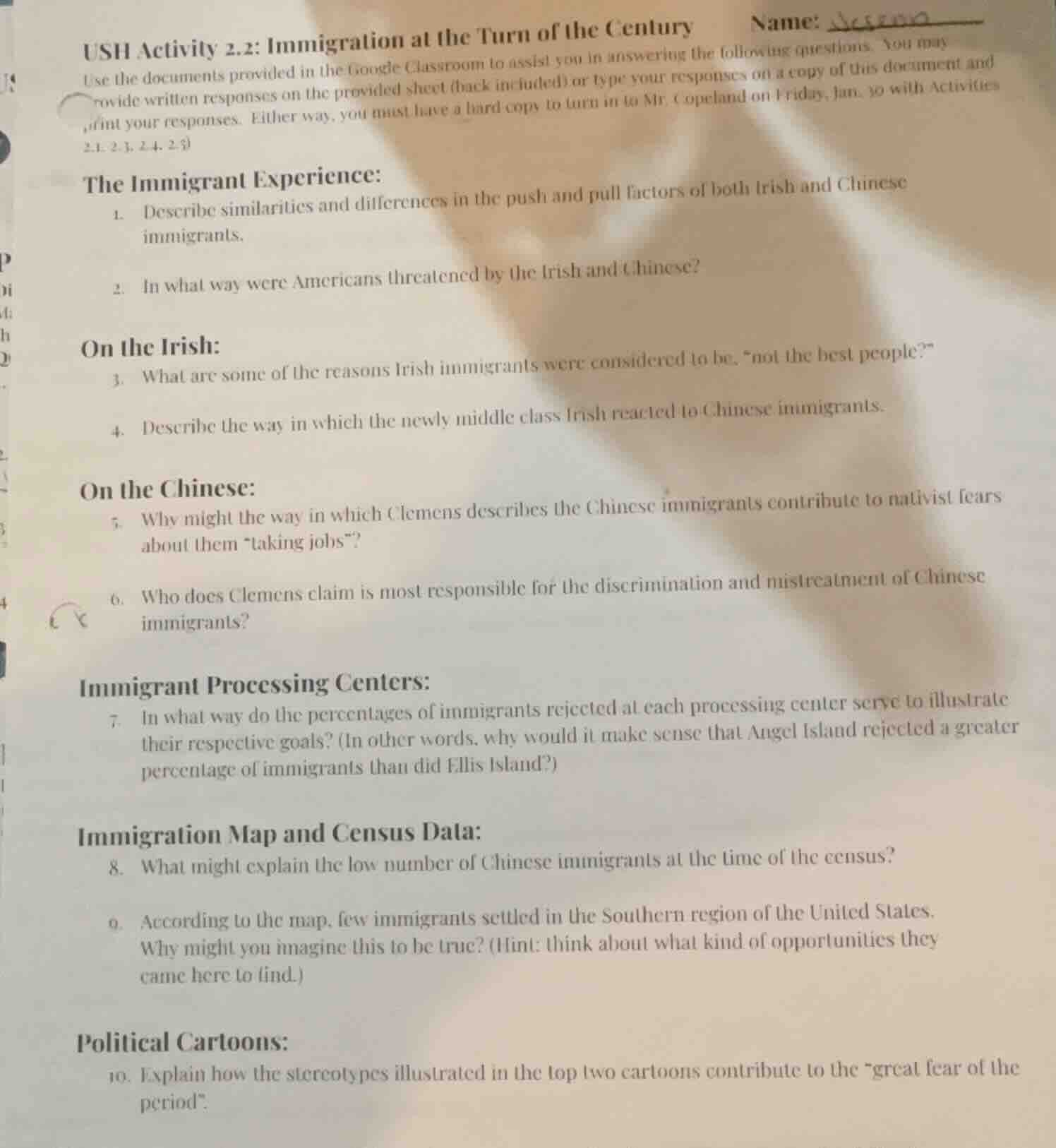 ush activity 2.2: immigration at the turn of the century name: use the …