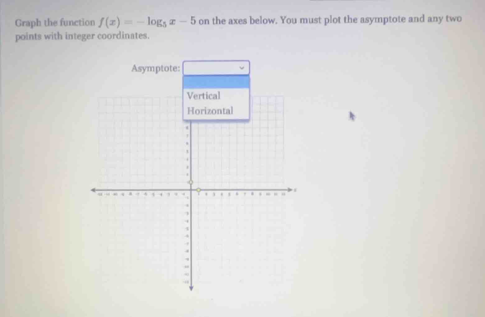 graph the function $f(x) = -\\log_{5} x - 5$ on the axes below. you mus…