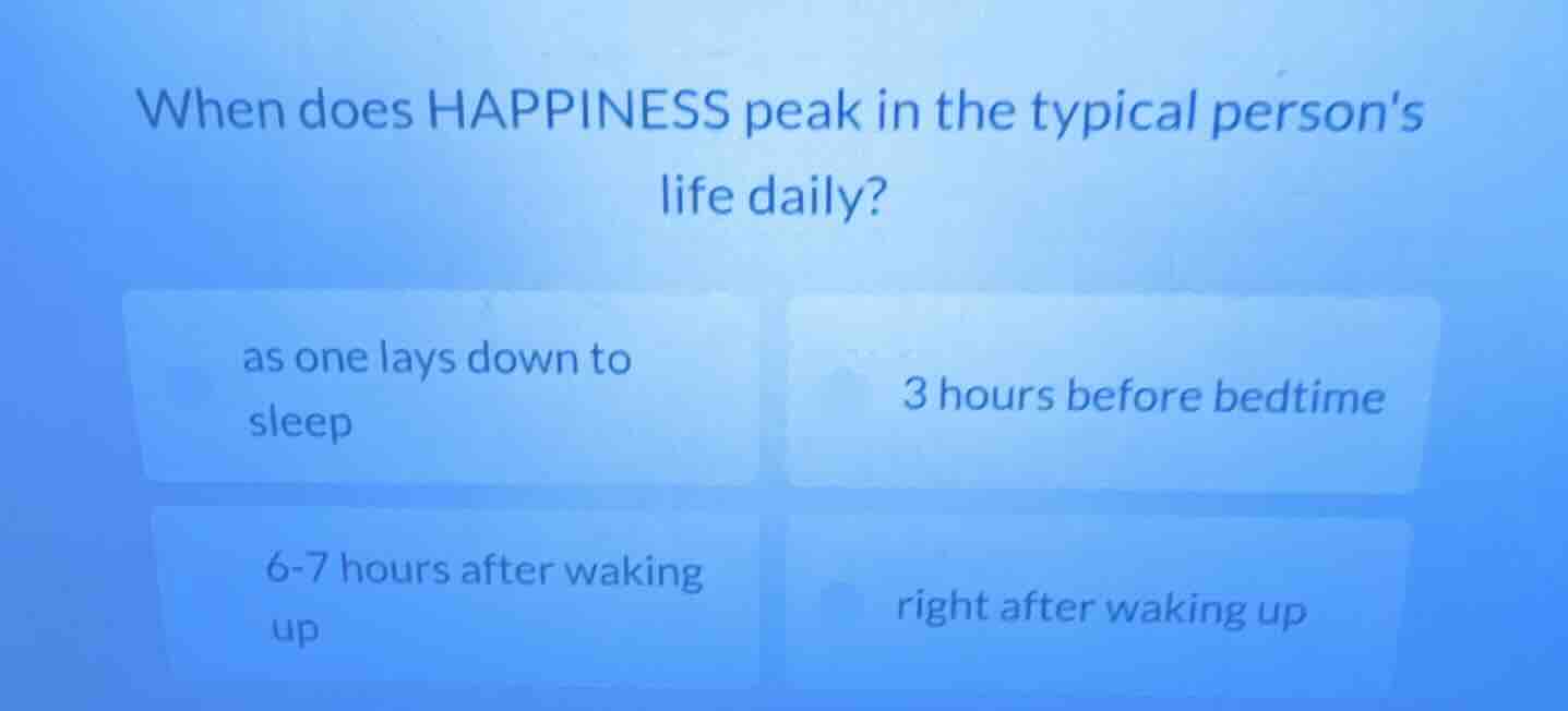 when does happiness peak in the typical persons life daily? as one lays…