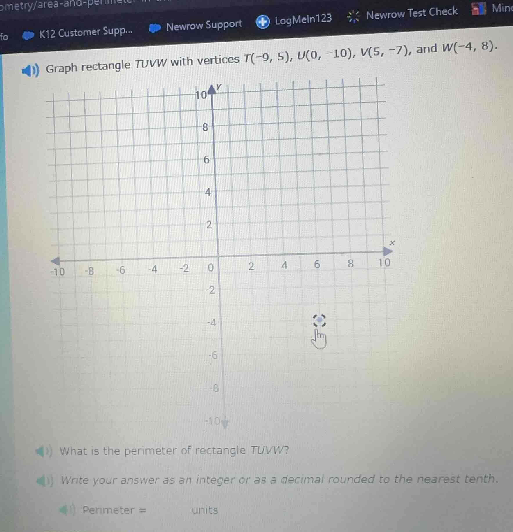 graph rectangle tuvw with vertices t(-9, 5), u(0, -10), v(5, -7), and w…