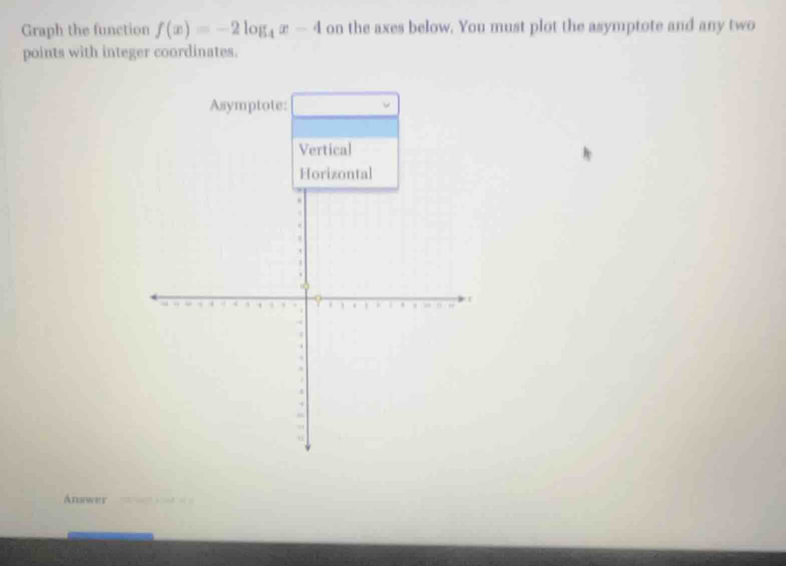 graph the function $f(x) = -2\\log_{4} x - 4$ on the axes below. you mu…
