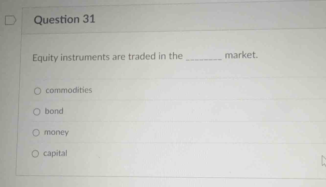 question 31 equity instruments are traded in the ______ market. ○ commo…