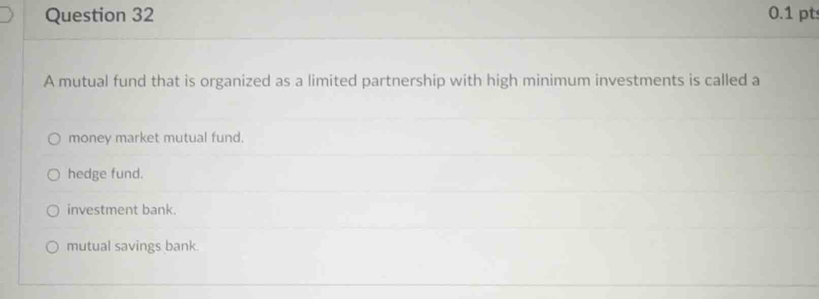 question 32 0.1 pts a mutual fund that is organized as a limited partne…