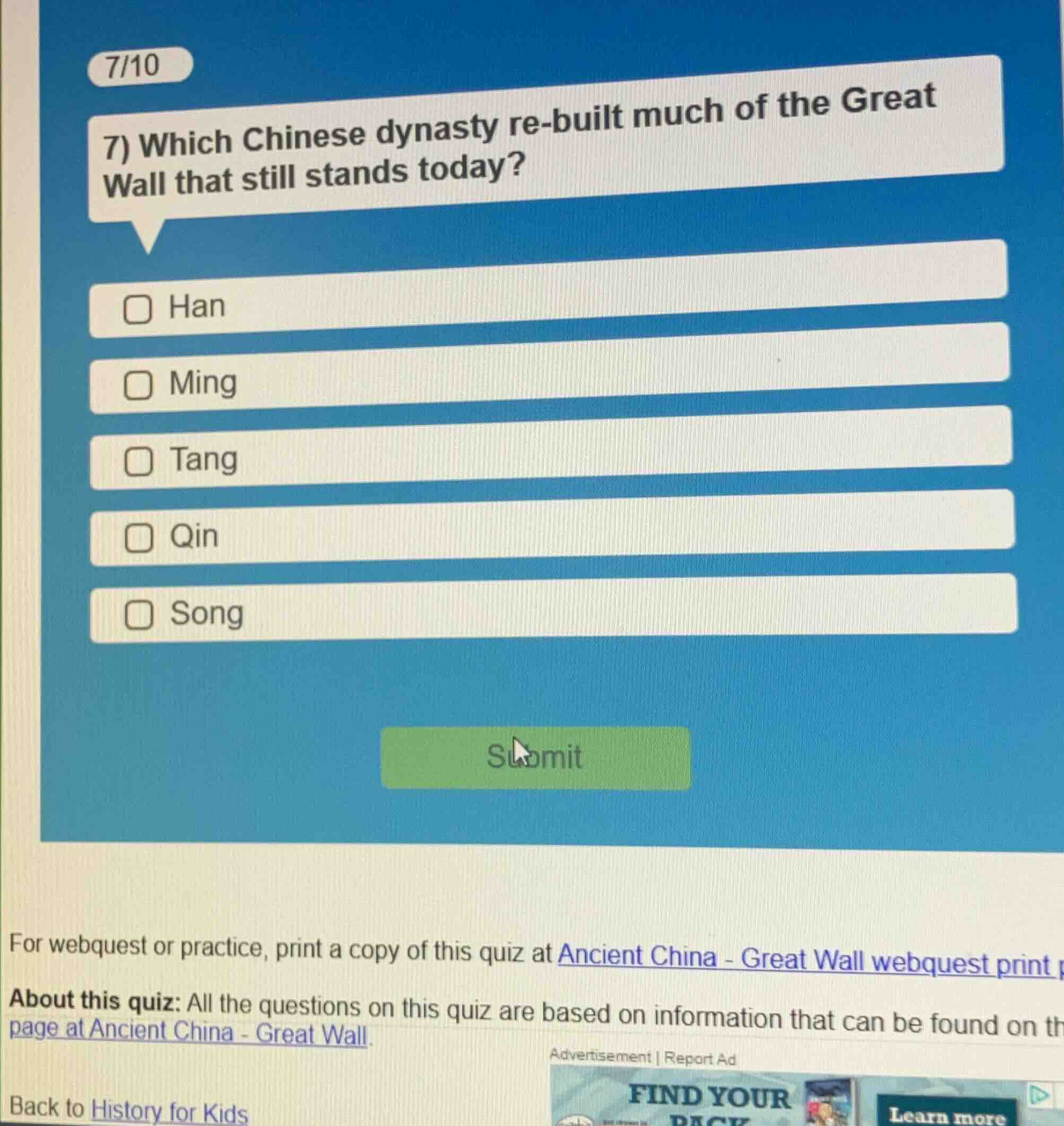 7) which chinese dynasty re - built much of the great wall that still s…