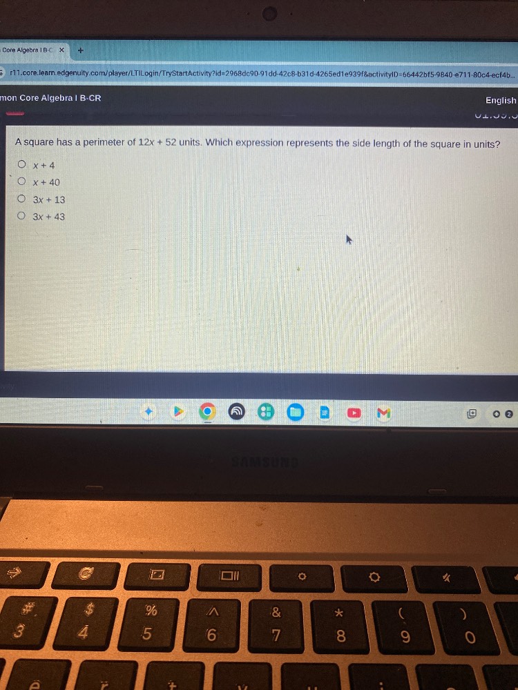 a square has a perimeter of 12x + 52 units. which expression represents…
