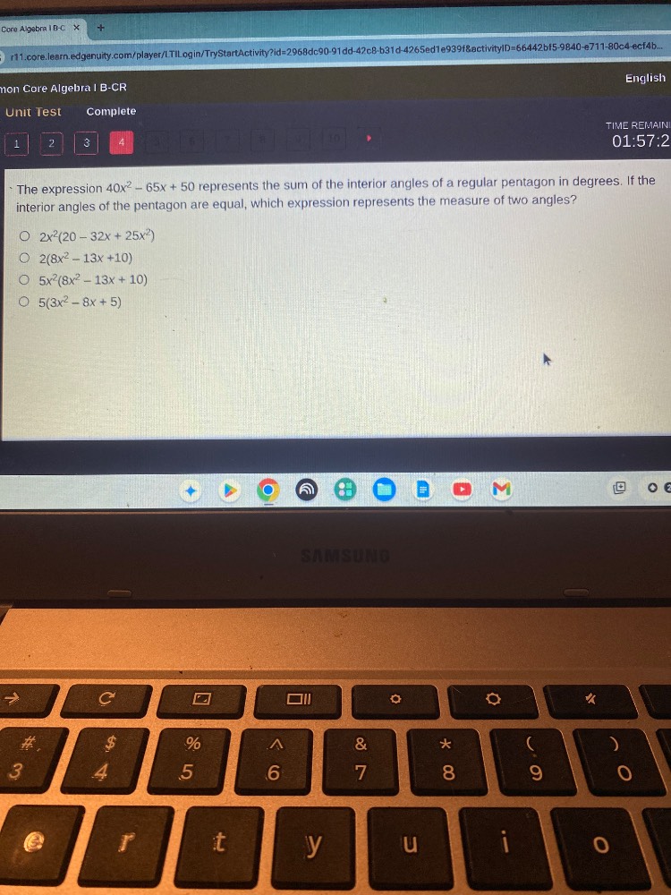 the expression $40x^2 - 65x + 50$ represents the sum of the interior an…