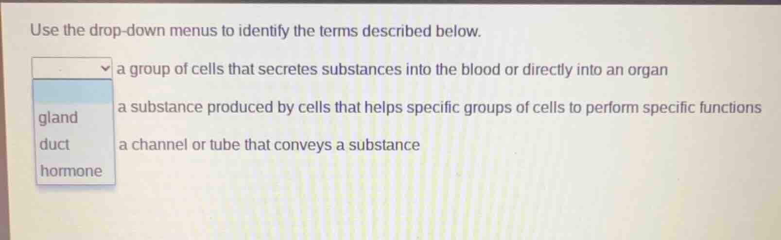 use the drop-down menus to identify the terms described below. a group …