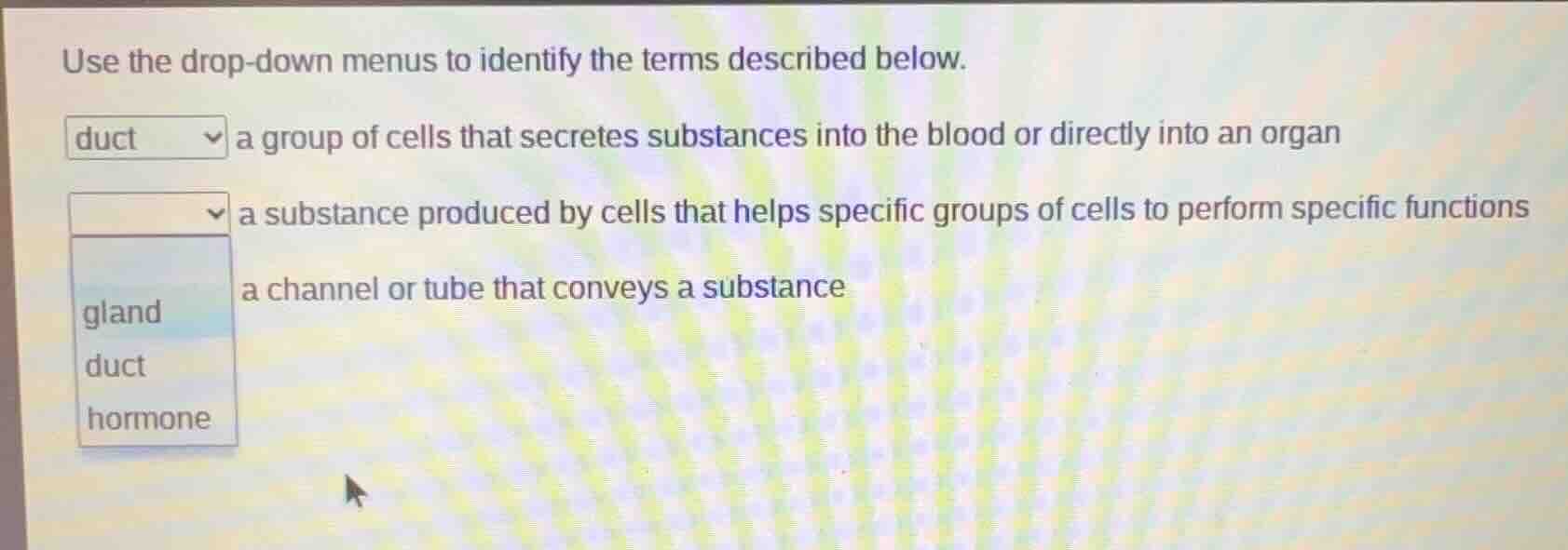 use the drop - down menus to identify the terms described below. duct a…