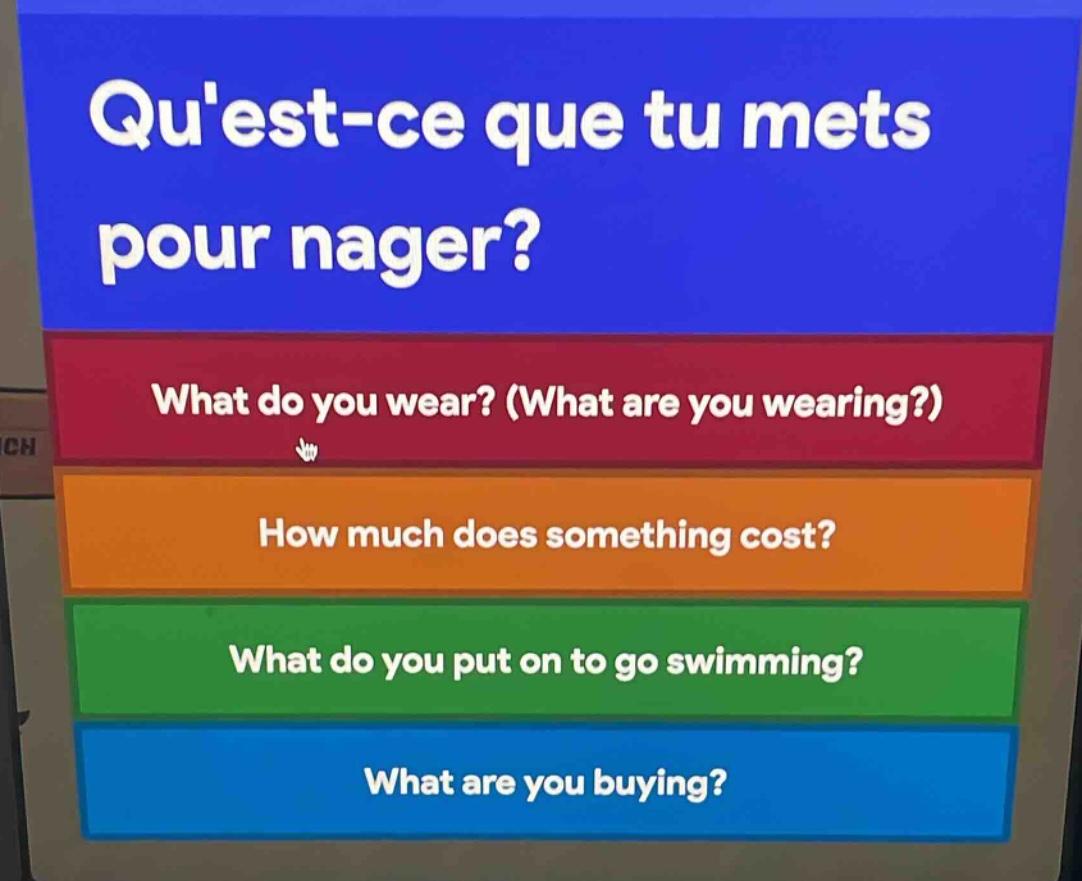 quest - ce que tu mets pour nager? what do you wear? (what are you wear…