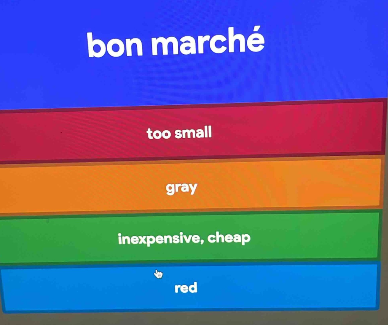 bon marché too small gray inexpensive, cheap red