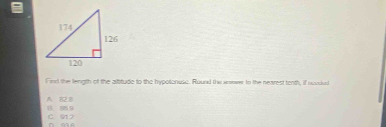 find the length of the altitude to the hypotenuse. round the answer to …