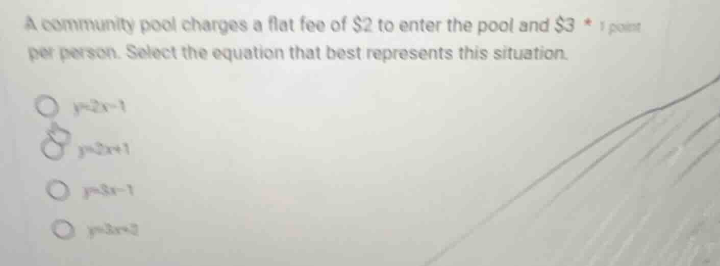 a community pool charges a flat fee of $2 to enter the pool and $3 per …