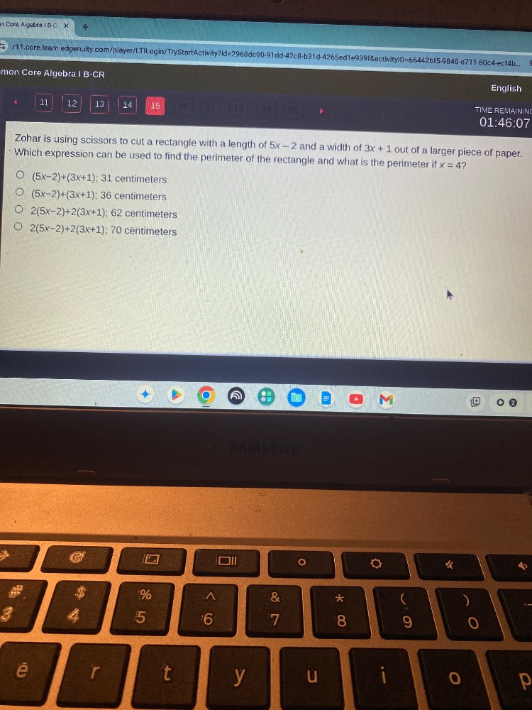 zohar is using scissors to cut a rectangle with a length of $5x - 2$ an…