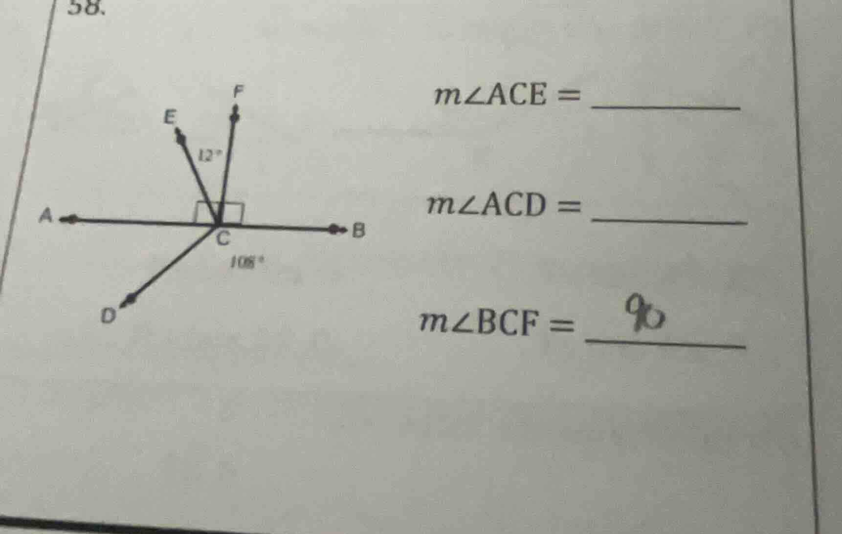 58. m∠ace = m∠acd = m∠bcf =