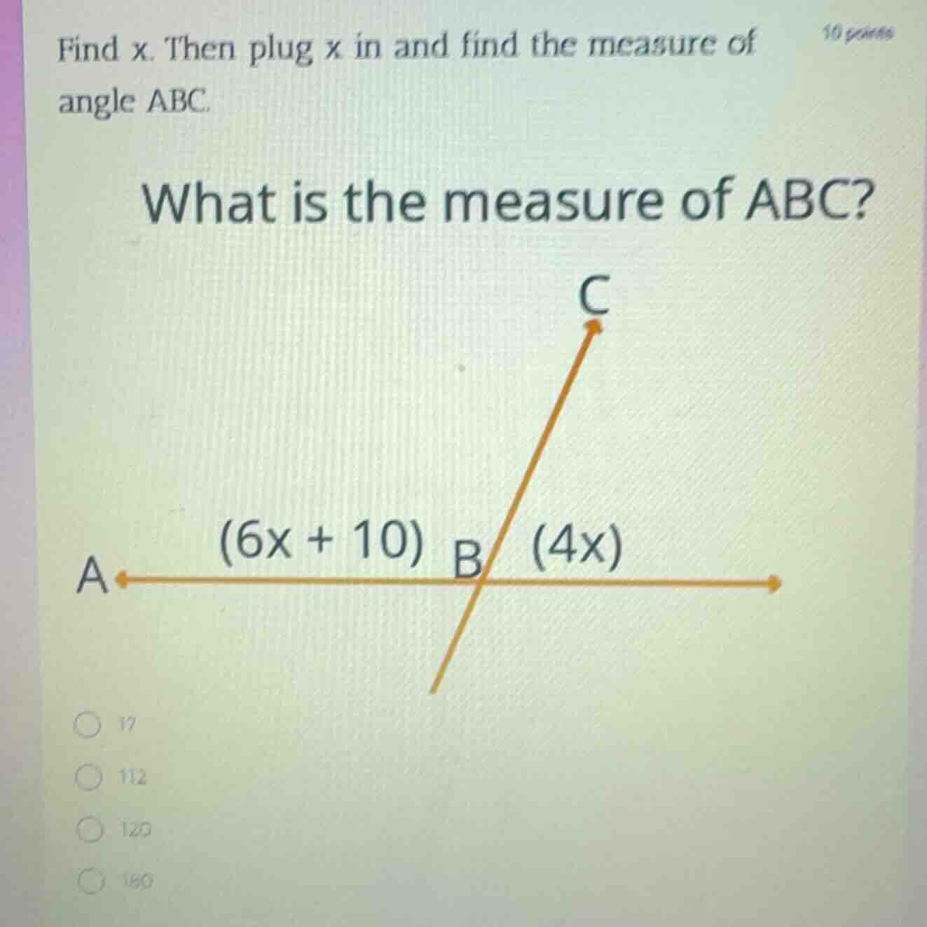 find x. then plug x in and find the measure of angle abc. what is the m…