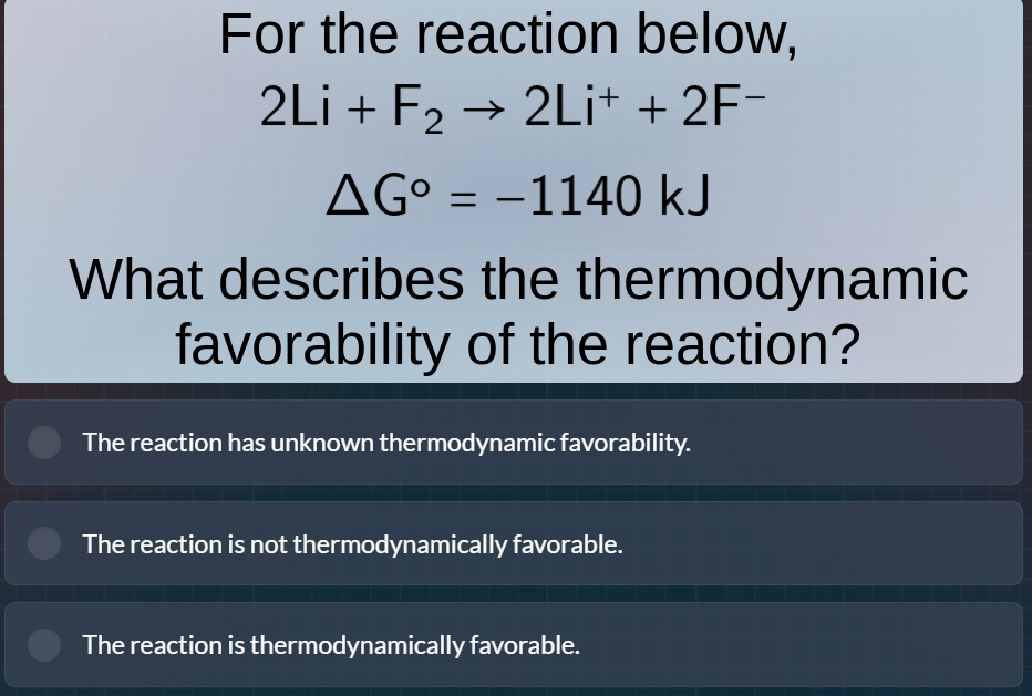 for the reaction below, 2li + f₂ → 2li⁺ + 2f⁻ δg° = -1140 kj what descr…