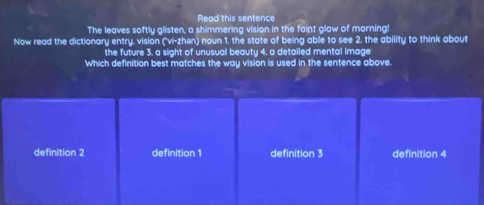 read this sentence the leaves softly glisten, a shimmering vision in th…