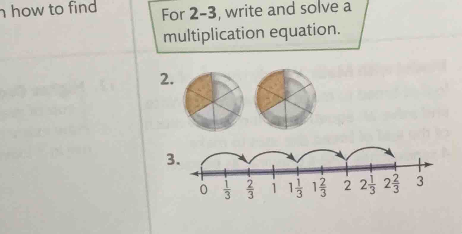 for 2-3, write and solve a multiplication equation. 2. 3. 0 1/3 2/3 1 1…