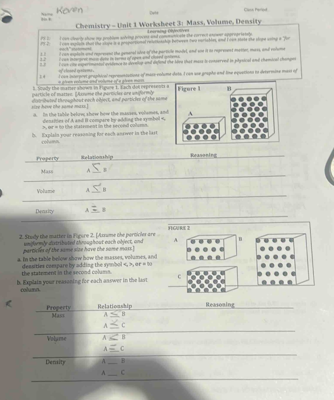 name kevin date class period bin #: chemistry - unit 1 worksheet 3: mas…