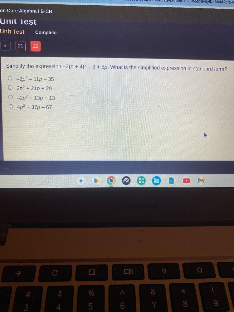simplify the expression -2(p + 4)² - 3 + 5p. what is the simplified exp…