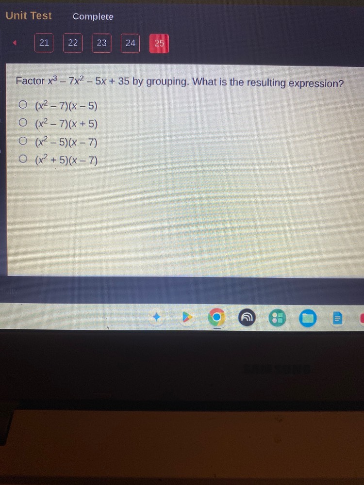 factor ( x^3 - 7x^2 - 5x + 35 ) by grouping. what is the resulting expr…