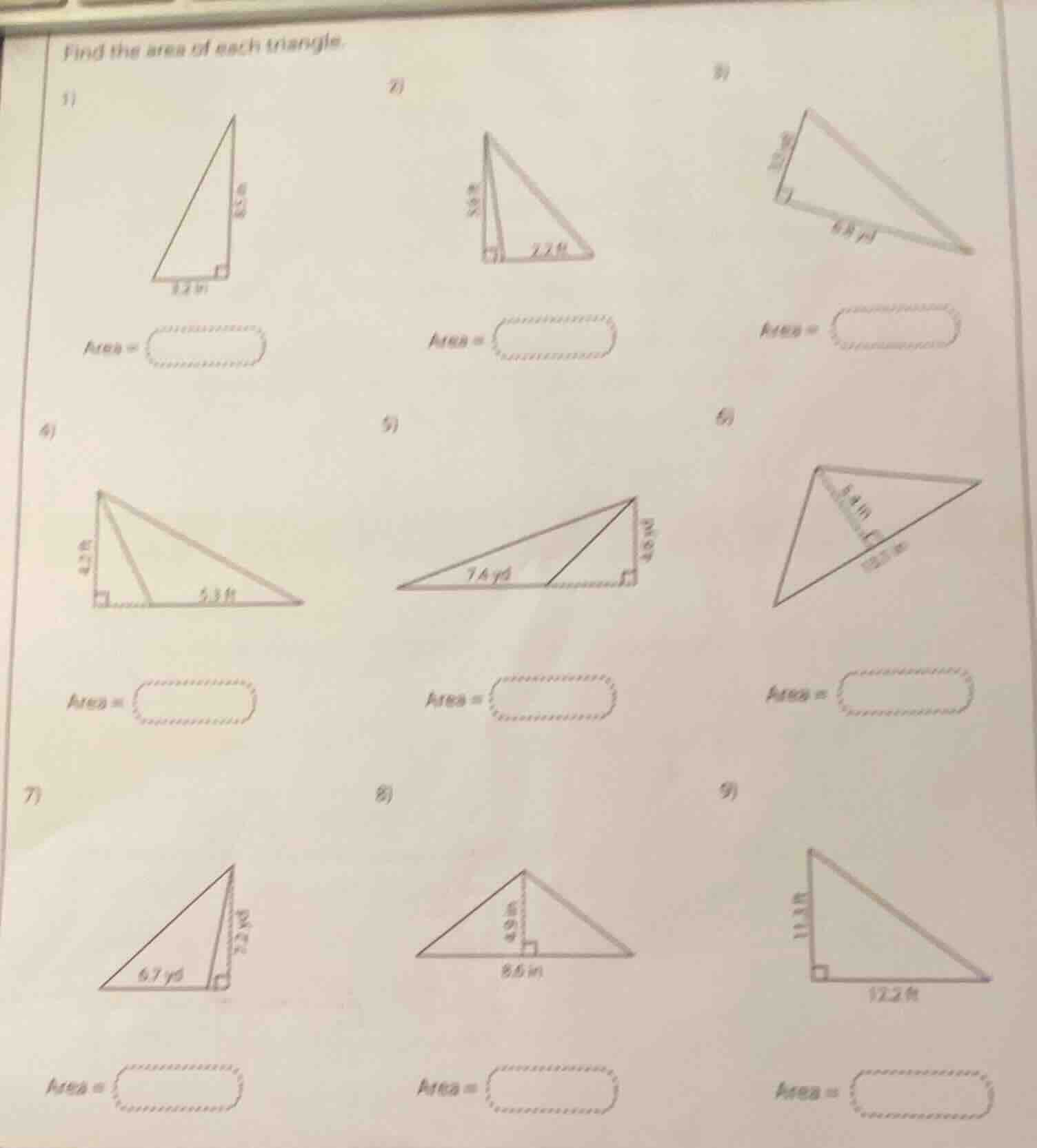 find the area of each triangle. 1) area = 2) area = 3) area = 4) area =…
