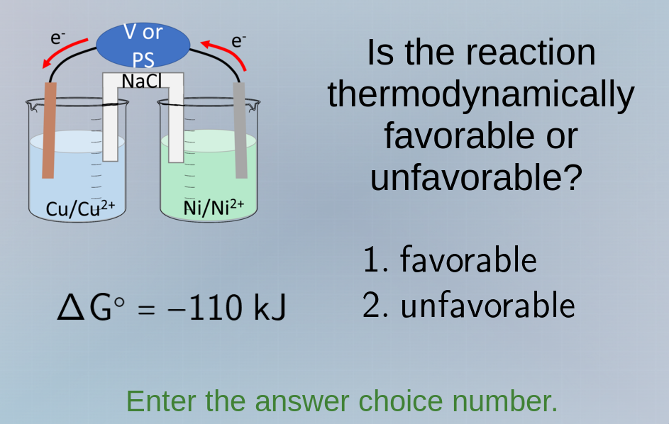 e⁻ v or ps nacl e⁻ cu/cu²⁺ ni/ni²⁺ δg° = −110 kj is the reaction thermo…