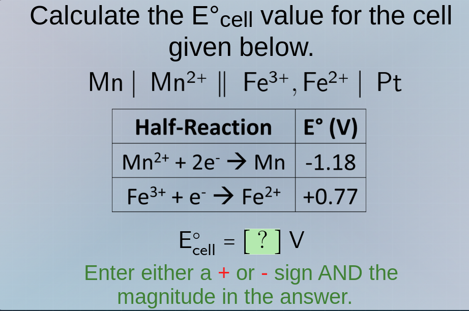 calculate the e°cell value for the cell given below. mn | mn²⁺ || fe³⁺,…
