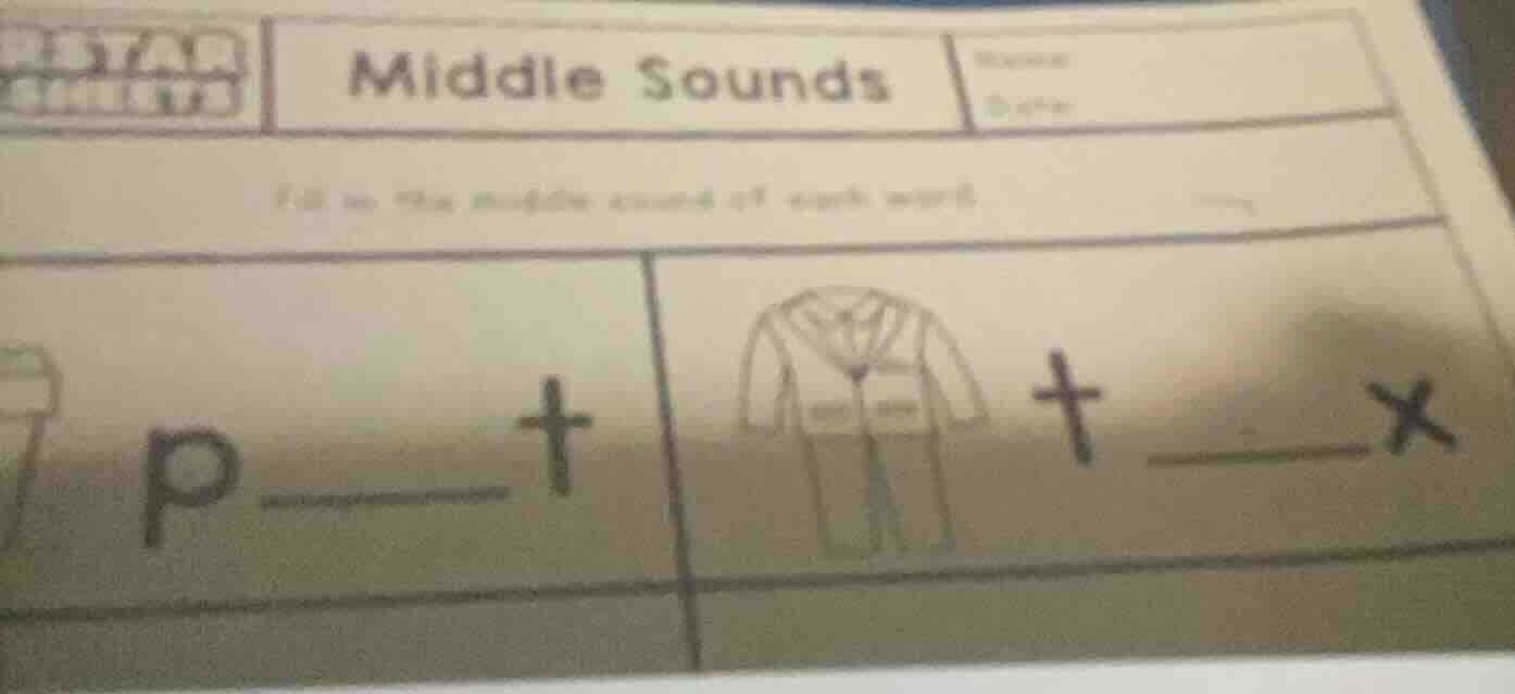 middle sounds fill in the middle sound of each word. p _ t (an image of…