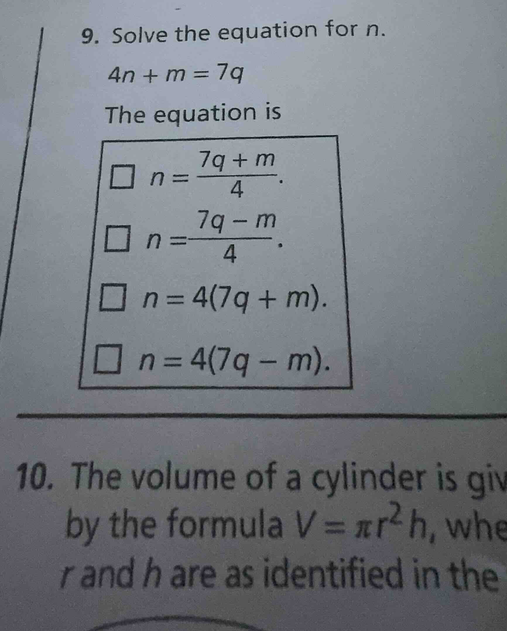 9. solve the equation for n. 4n + m = 7q the equation is □ $n = \\frac{…
