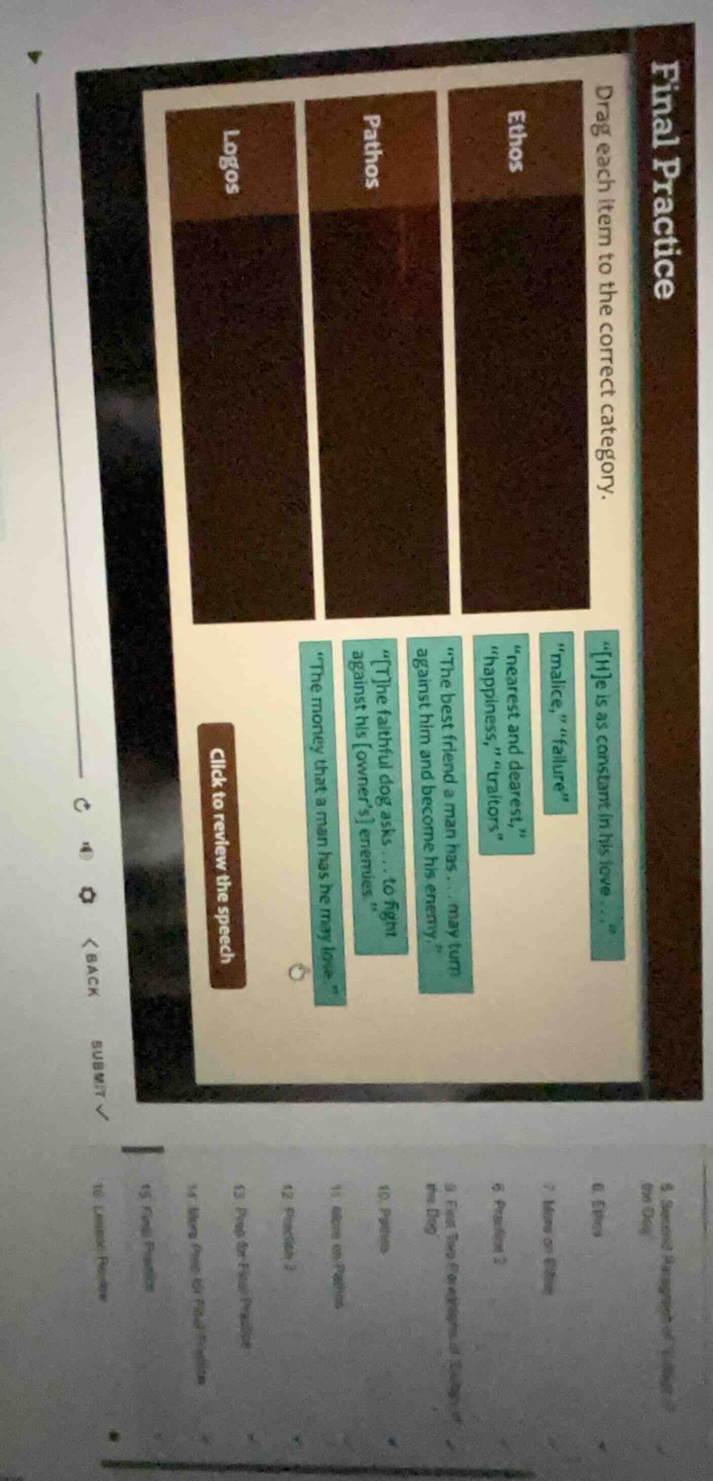 final practice drag each item to the correct category. ethos pathos log…