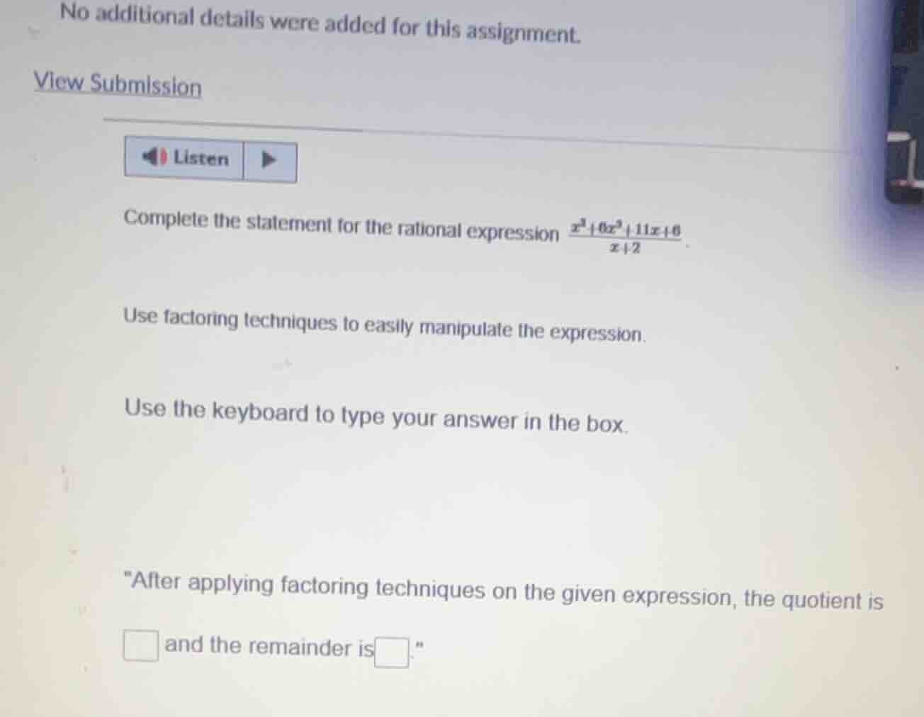 no additional details were added for this assignment. view submission l…