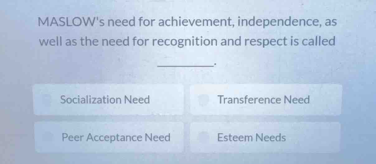 maslows need for achievement, independence, as well as the need for rec…