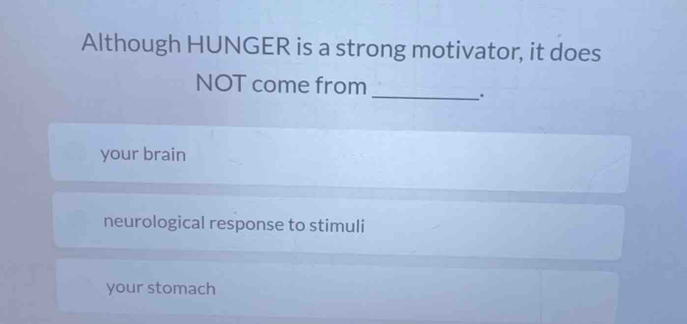 although hunger is a strong motivator, it does not come from _______. y…