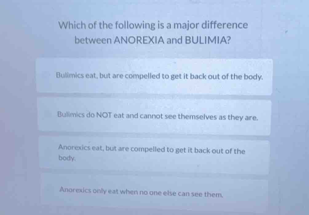which of the following is a major difference between anorexia and bulim…