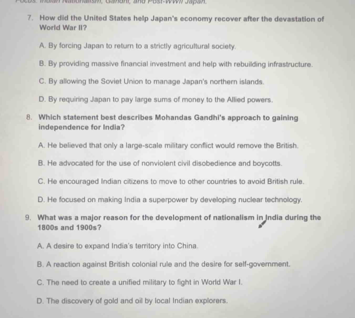 focus: indian nationalism, gandhi, and post - wwii japan. 7. how did th…