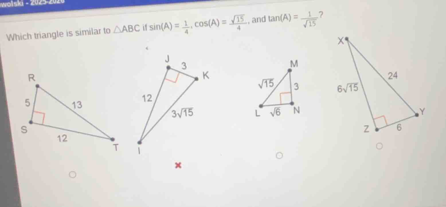 which triangle is similar to $\\triangle abc$ if $\\sin(a) = \\frac{1}{…