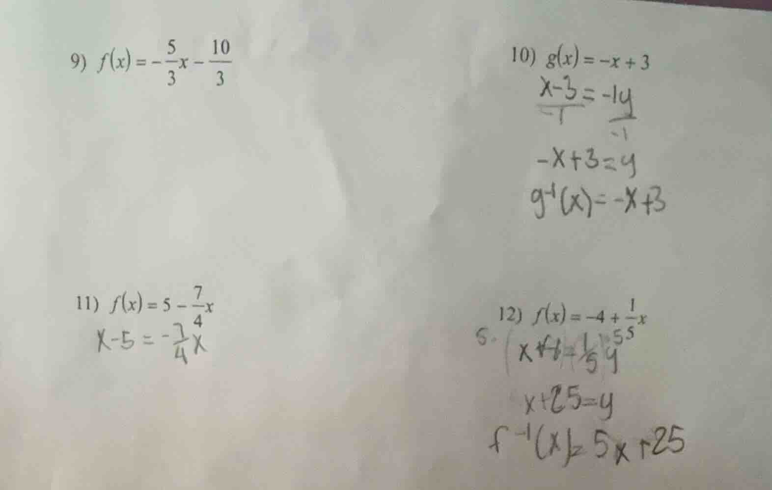 9) $f(x)=-\frac{5}{3}x - \frac{10}{3}$ 10) $g(x)=-x + 3$ $\\frac{x - 3}…