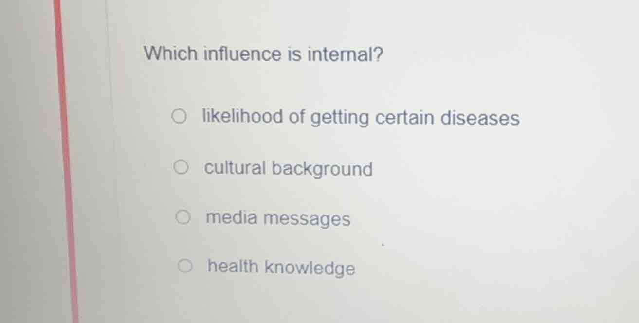 which influence is internal? ○ likelihood of getting certain diseases ○…