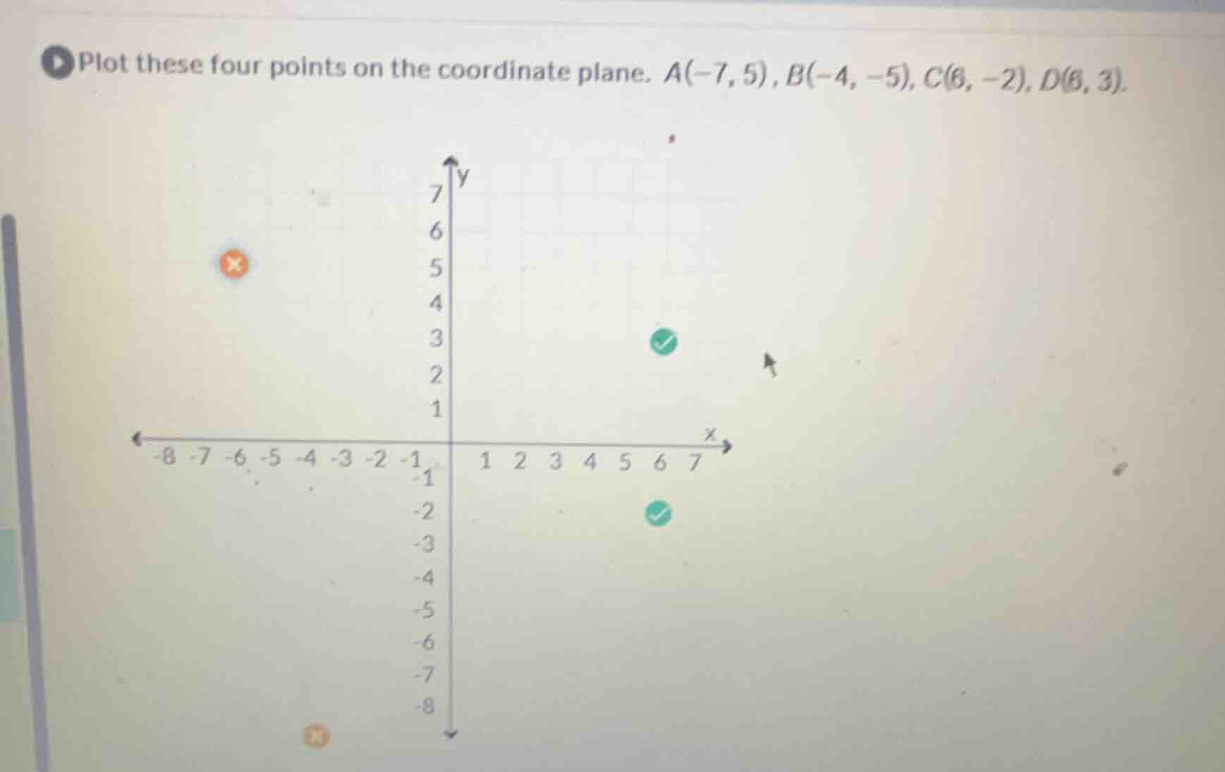 plot these four points on the coordinate plane. a(-7,5), b(-4,-5), c(6,…