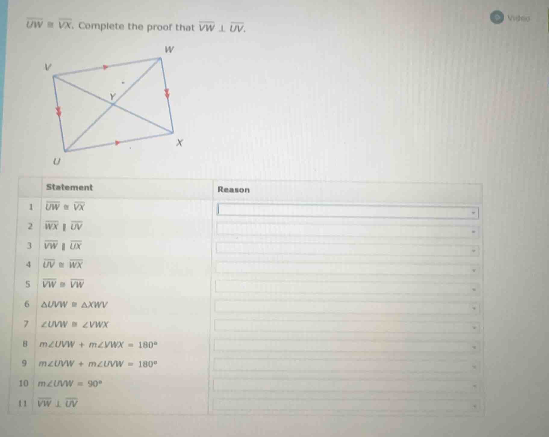 $overline{uw} cong overline{vx}$. complete the proof that $overline{vw}…