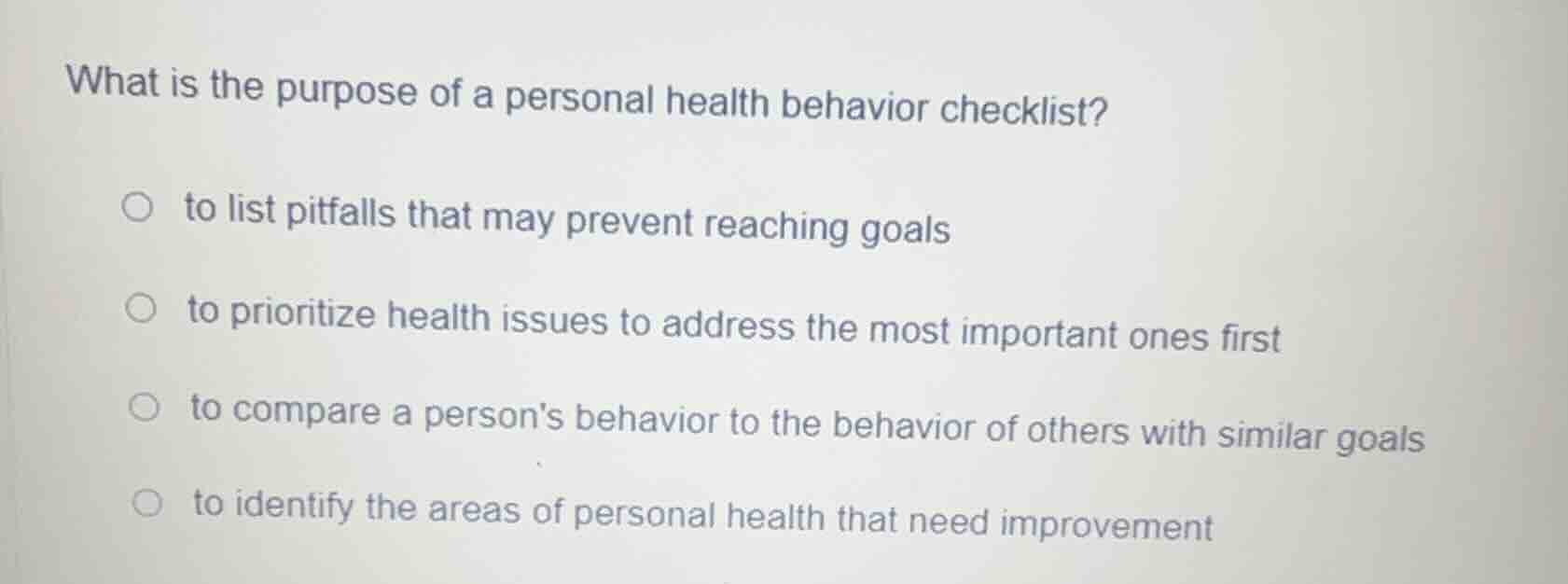 what is the purpose of a personal health behavior checklist? to list pi…