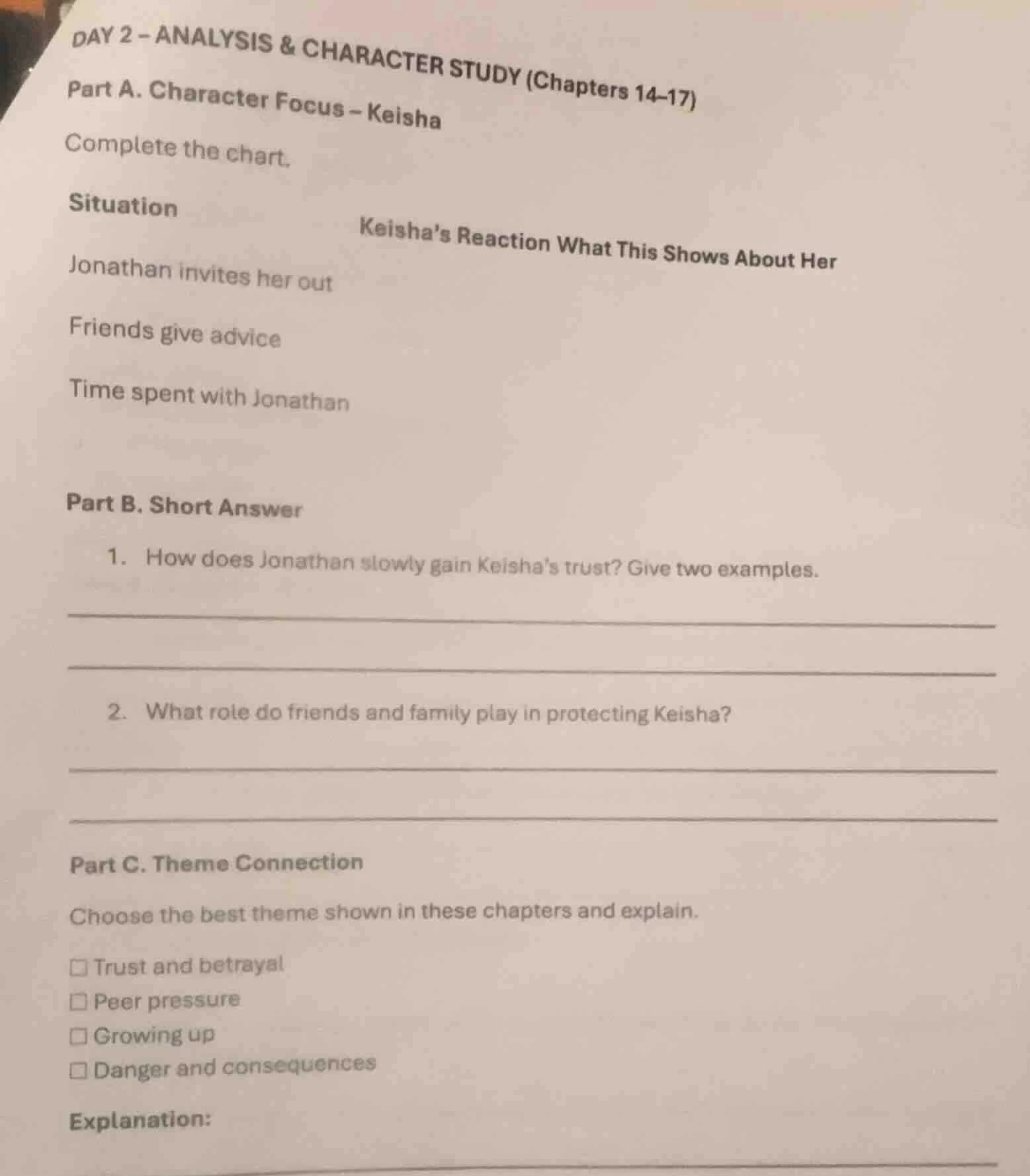 day 2 - analysis & character study (chapters 14 - 17) part a. character…